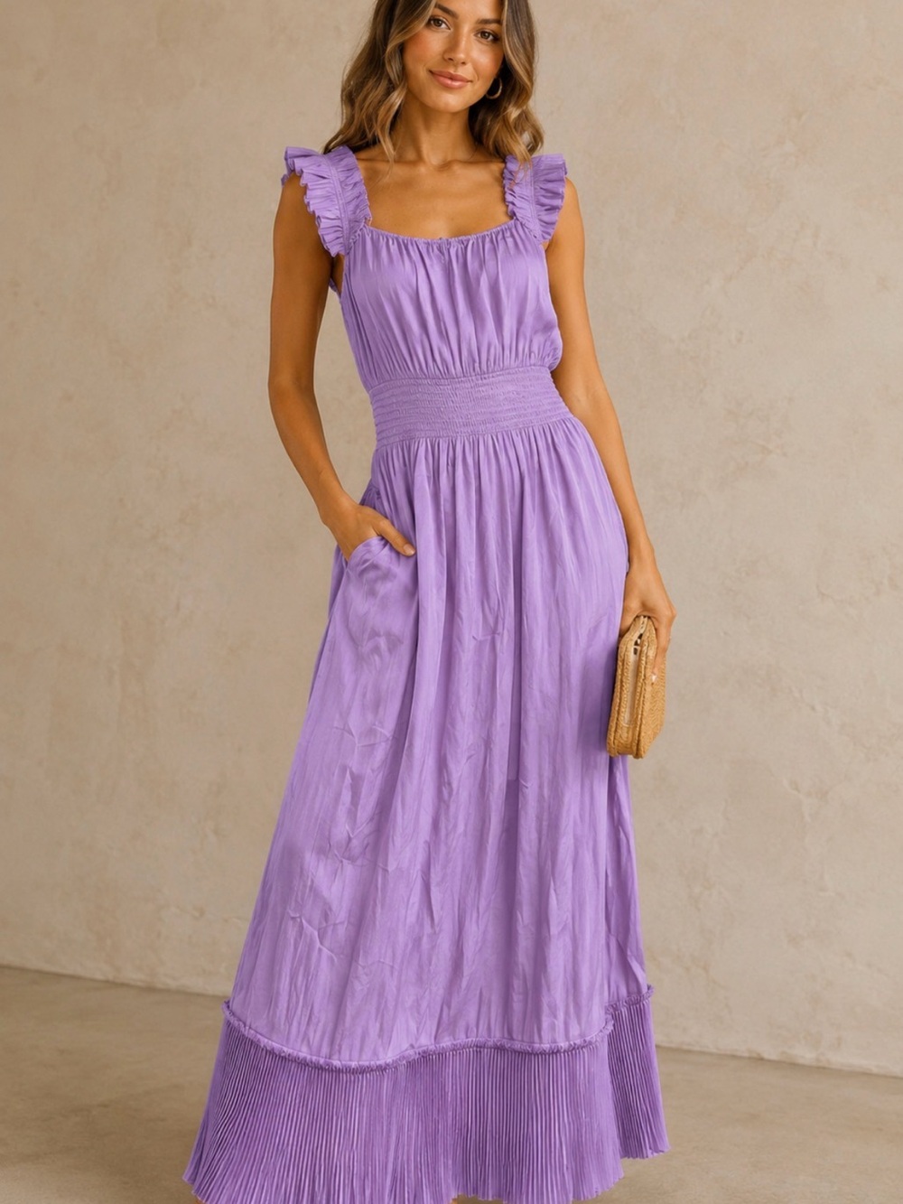 Ramy Brook Lavender Pleated Ruffle Strap Dress